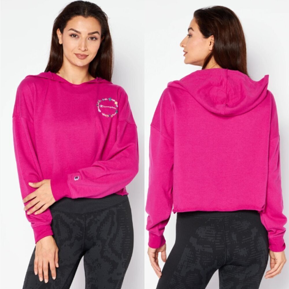 Champion Floral Embroidered Logo Cropped Hoodie in Pink